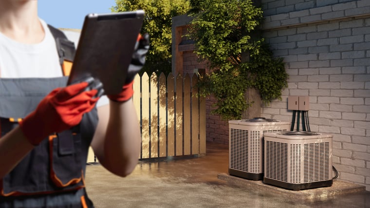 HVAC contractor holding a tablet 